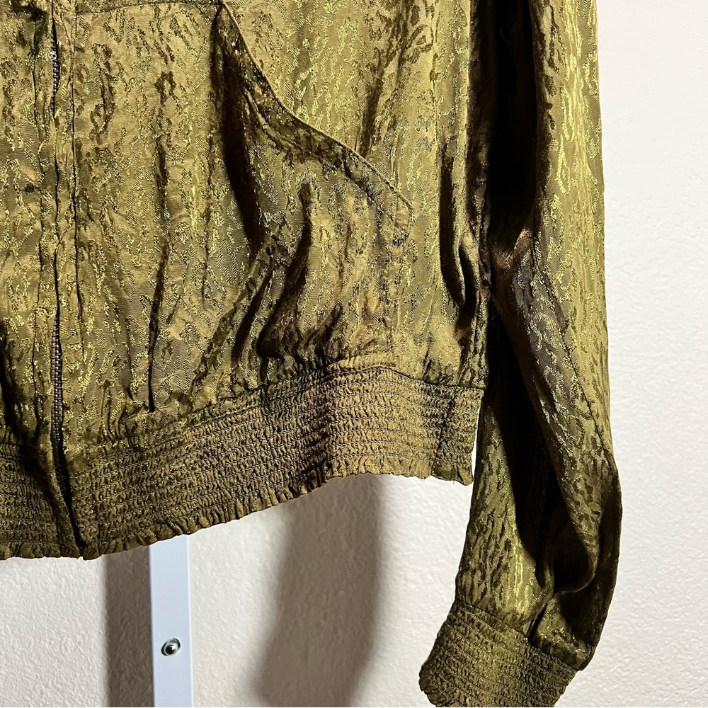Maeve By Anthropologie Bomber Jacket Womens Sz S Green Gold Leopard Slinky Zip - Picture 5 of 7